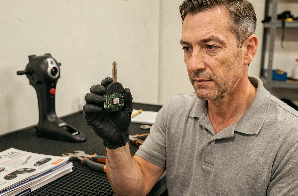 Technicien tenant la clé à transpondeur et le module anti-démarrage d'une Renault Clio 2 avant reprogrammation