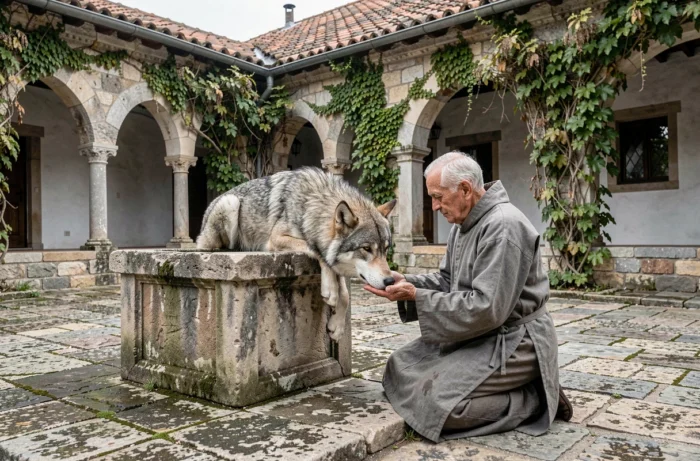 Moine âgé agenouillé dans un cloître tenant un loup apprivoisé dans ses mains, scène de sainteté médiévale