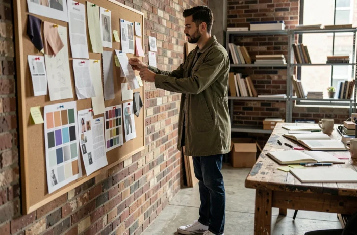 Homme créatif assemblant un moodboard de tendances mode avec des coupures de magazines dans un studio loft industriel