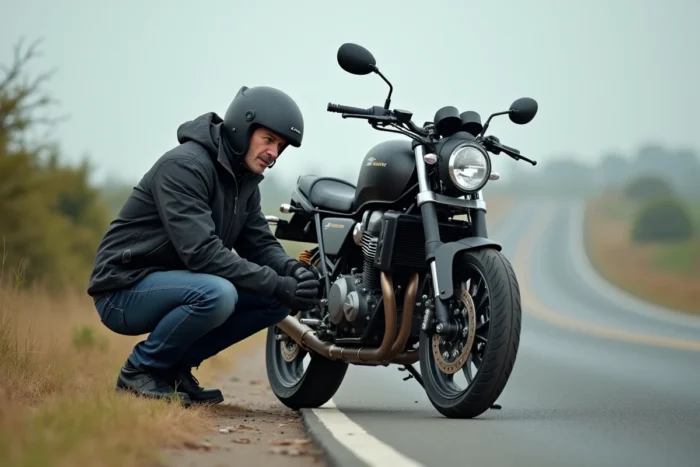 Motard accroupi au bord de la route inspectant le moteur de sa moto suite à un trou à l'accélération