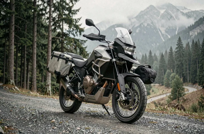 Moto d'aventure neuve sur sentier forestier avec montagnes brumeuses en arrière-plan pour passionnés