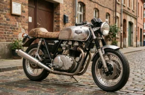 Moto d'occasion vintage café racer chromée des années 70 garée sur pavés devant un garage en brique