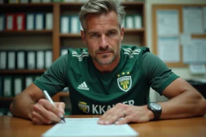 Joueur de football amateur signant un document de mutation dans les bureaux d'un club de Haute-Loire