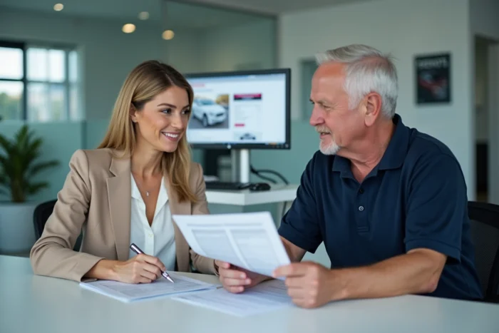 Une femme négocie l'achat d'une voiture d'occasion avec un vendeur dans une concession automobile