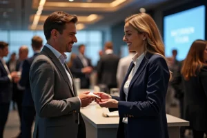 Deux professionnels en réunion de networking B2B échangeant des cartes de visite lors d'un événement d'affaires moderne