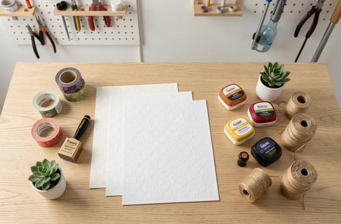 Flat lay de nouveaux produits de loisirs créatifs incluant washi tapes, tampons décoratifs et papiers texturés sur fond bois clair