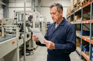 Ouvrier d'usine tenant une fiche de paie illustrant le salaire minimum en 2024