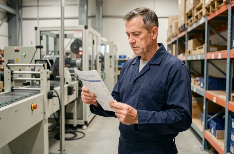 Ouvrier d'usine tenant une fiche de paie illustrant le salaire minimum en 2024