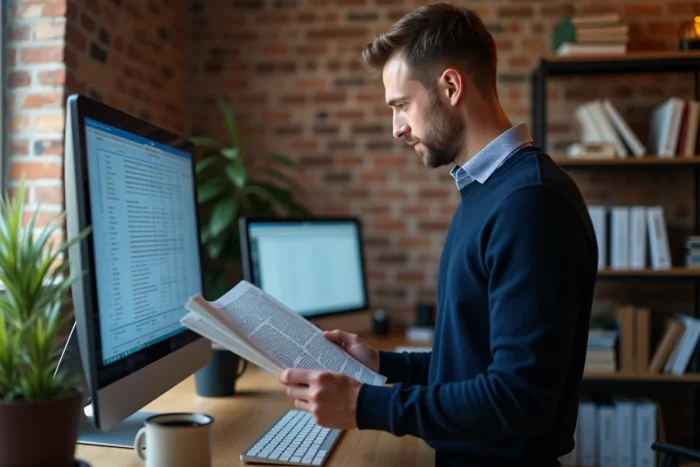 Jeune professionnel juridique consultant des textes de loi sur un écran dans un espace de travail moderne