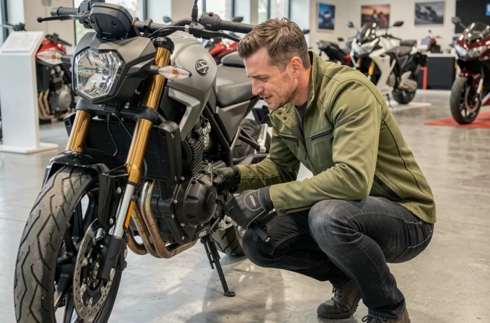 Passionné de moto inspectant de près une moto nue sportive moderne dans une concession moto