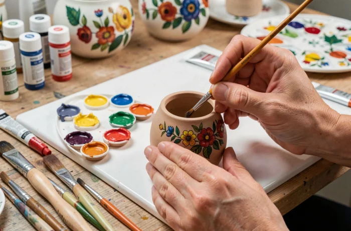 Gros plan de mains féminines peignant des motifs floraux sur un pot en céramique avec des pinceaux fins et des peintures acryliques
