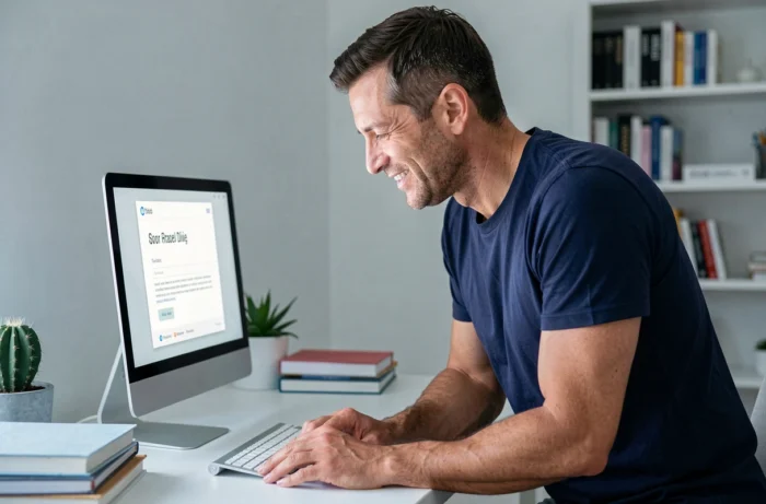 Père debout devant un écran d'ordinateur en consultant un email de confirmation pour une activité en ligne de son enfant