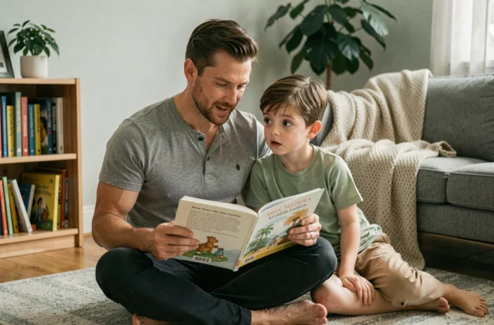 Père lisant un livre illustré à son fils dans un salon confortable et douillet