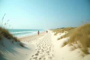 Plage sauvage et isolée de l'île de Ré avec dunes de sable blanc, végétation côtière naturelle et silhouettes lointaines au bord de l'océan Atlantique