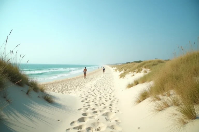 Plage sauvage et isolée de l'île de Ré avec dunes de sable blanc, végétation côtière naturelle et silhouettes lointaines au bord de l'océan Atlantique