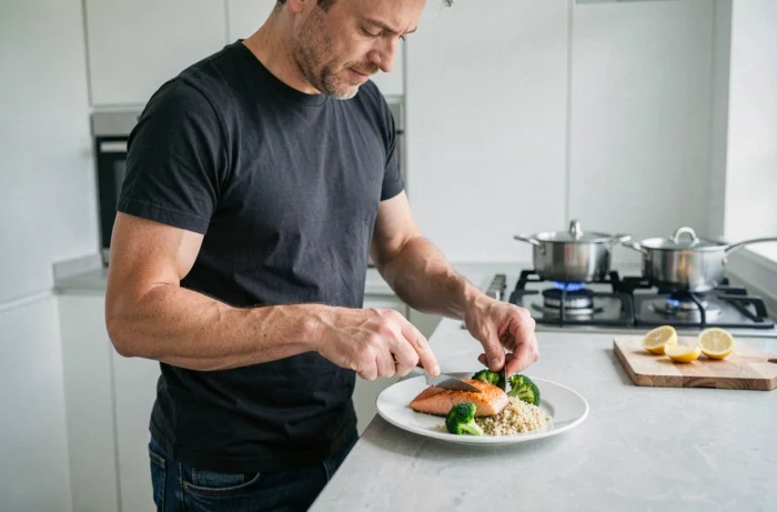 Homme dressant une assiette équilibrée de saumon quinoa et brocoli dans une cuisine moderne