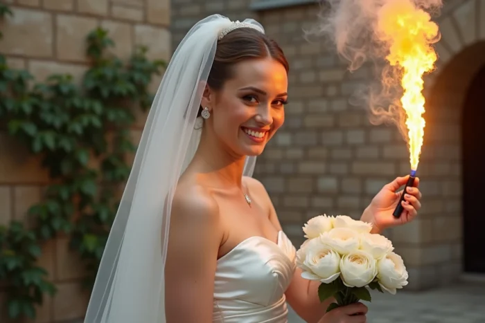Portrait de mariée souriante tenant un fumigène doré lors d'une cérémonie dans une cour de chapelle en pierre