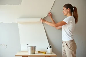 Femme en train de poser du papier peint blanc intissé sur un mur dans un appartement en cours de rénovation