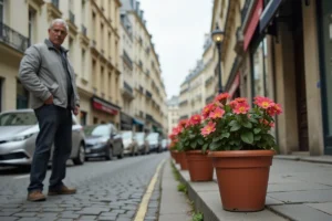 Pots de fleurs posés sur un trottoir étroit d'une rue française pour réserver une place de stationnement, homme interrogatif en arrière-plan