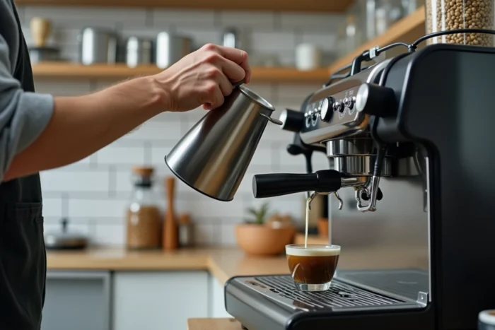 Mains versant du lait mousseux dans une tasse expresso sous la buse vapeur d'une machine DeLonghi Magnifica S dans une cuisine moderne