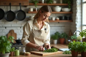 Femme préparant des herbes fraîches sur une planche en bois dans une cuisine maison chaleureuse et authentique