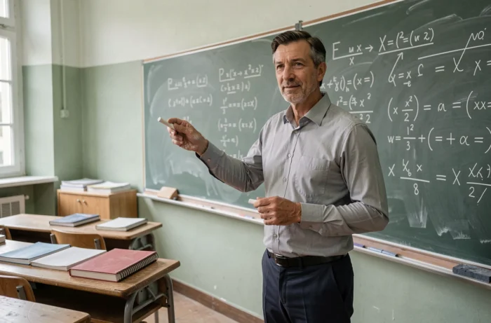 Professeur de classe préparatoire devant un tableau noir dans une salle de cours d'une grande prépa française en 2025