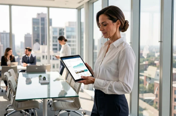 Professionnelle du digital consultant les statistiques de son blog sur une tablette dans un bureau éditorial moderne en ville