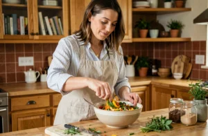 Femme préparant une salade de légumes colorée dans une cuisine familiale chaleureuse en bois