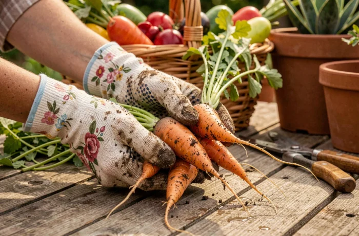 Gros plan de mains gantées tenant des radis et carottes fraîchement récoltés du potager avec de la terre sur les légumes