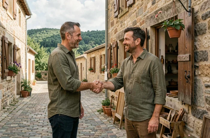 Deux entrepreneurs se serrant la main devant un atelier artisanal dans un village du Pays de la Petite Pierre