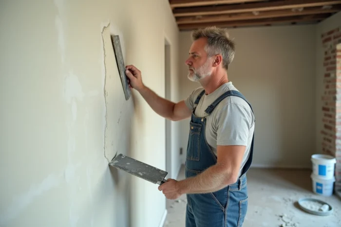 Homme en salopette appliquant de l'enduit sur un mur lors de travaux de rénovation intérieure