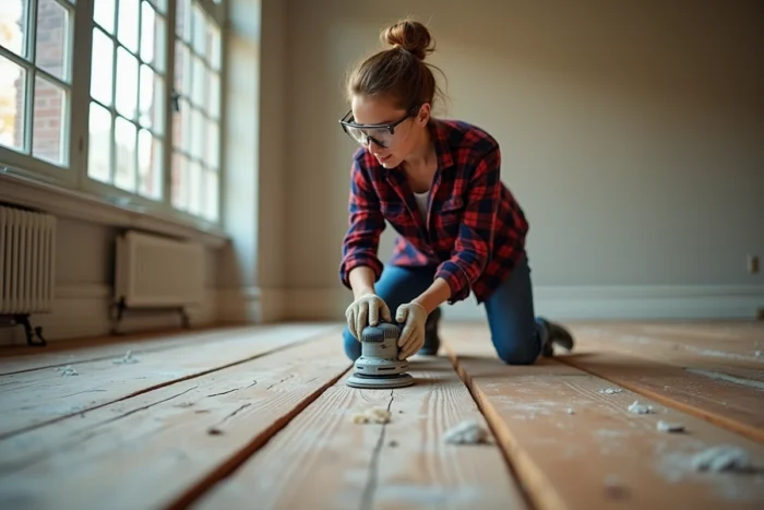 Femme ponçant un parquet ancien lors d'une rénovation d'appartement avec une ponceuse orbitale