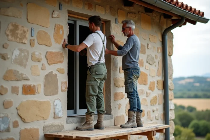 Deux ouvriers posant une fenêtre double vitrage dans une maison en pierre lors d'une rénovation extérieure