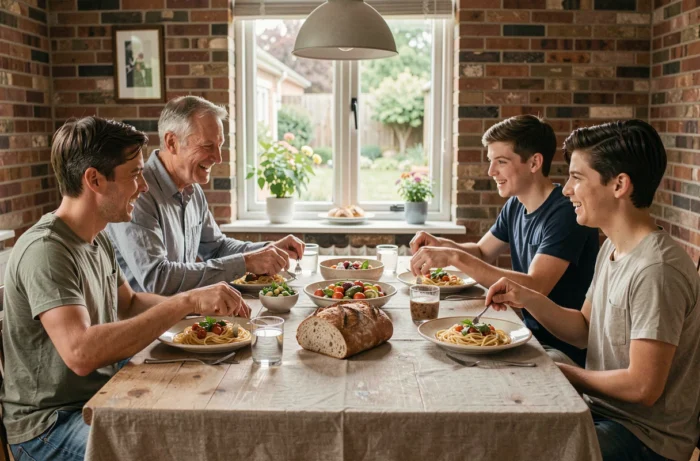 Famille réunie autour d'un repas équilibré et convivial avec pâtes et légumes rôtis