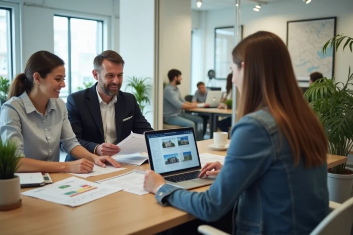 Couple en réunion avec un agent immobilier dans un bureau moderne pour un projet d'achat immobilier en 2024