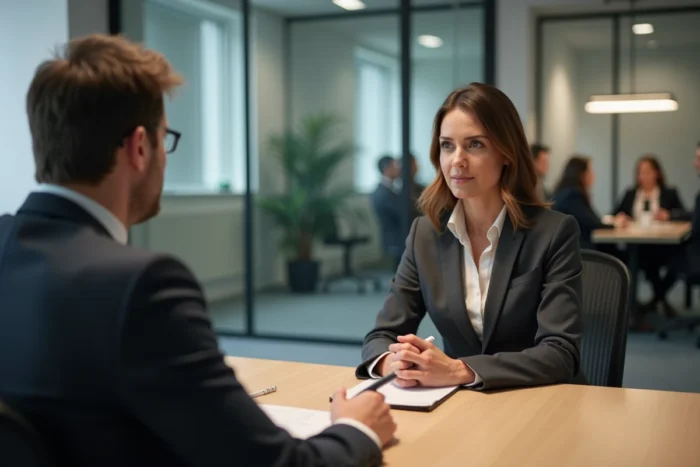 Professionnelle en réunion B2B individuelle dans une salle de réunion moderne avec prise de notes pour optimiser les conversions