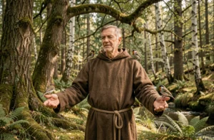 Frère franciscain en habit brun communiquant avec des oiseaux dans une forêt médiévale paisible