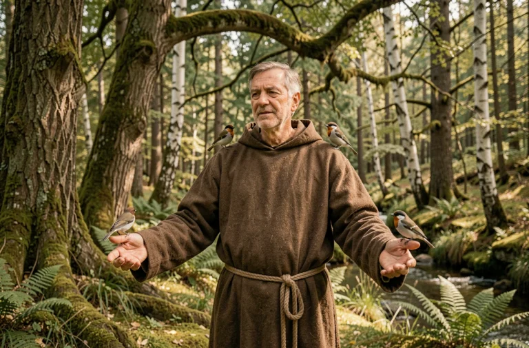 Frère franciscain en habit brun communiquant avec des oiseaux dans une forêt médiévale paisible