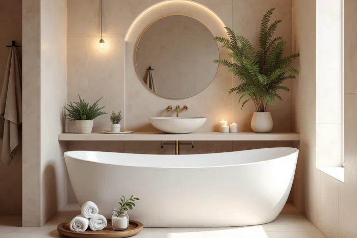 Salle de bain transformée en espace spa avec baignoire autoportante, carrelage zellige artisanal et accessoires naturels pour une atmosphère cocooning
