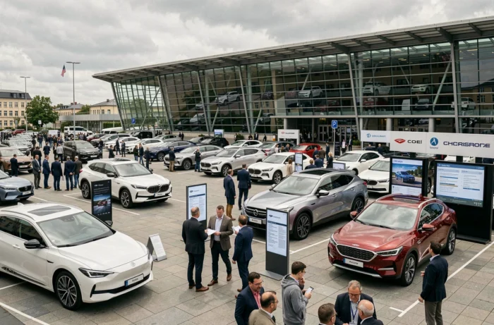 Salon automobile en extérieur présentant plusieurs véhicules concept et SUV avec visiteurs sur une esplanade moderne