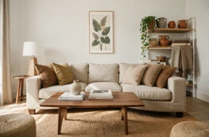 Salon moderne décoré avec canapé en lin, table basse en noyer et étagères en bois garnies de poteries artisanales
