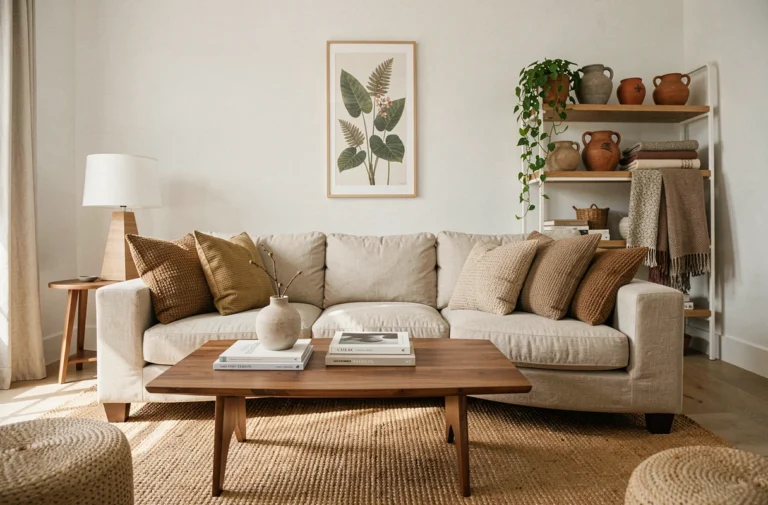 Salon moderne décoré avec canapé en lin, table basse en noyer et étagères en bois garnies de poteries artisanales