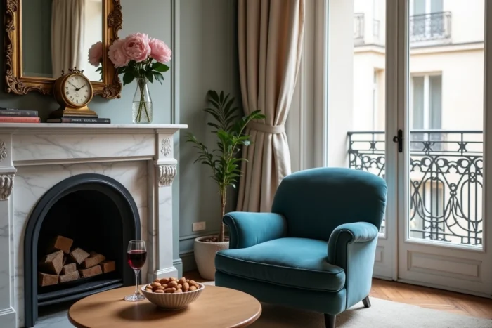 Salon haussmannien parisien avec fauteuil en velours, cheminée en marbre et pivoines, reflétant l'élégance de la décoration française