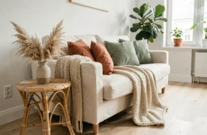 Salon scandinave moderne avec canapé en lin crème, coussins terracotta et plante verte, décoration intérieure tendance