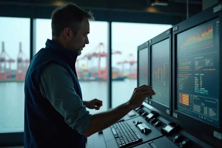 Ingénieur en cybersécurité industrielle inspectant un panneau de contrôle SCADA dans une salle de commande portuaire avec vue sur les grues à conteneurs