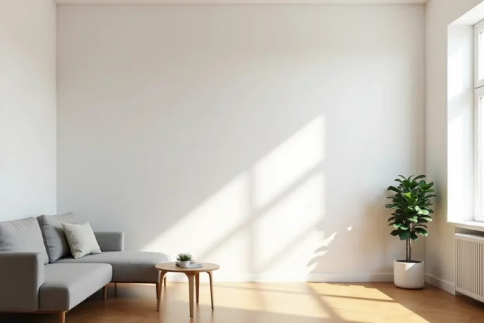 Studio meublé rénové avec un mur entier recouvert de papier peint blanc intissé et un mobilier scandinave minimaliste