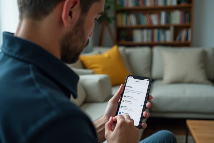 Homme en train de supprimer un compte Le Bon Coin depuis son smartphone dans son salon