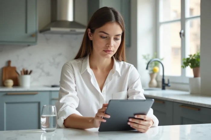Jeune femme consultant les étapes pour supprimer un compte Le Bon Coin sur une tablette dans une cuisine moderne