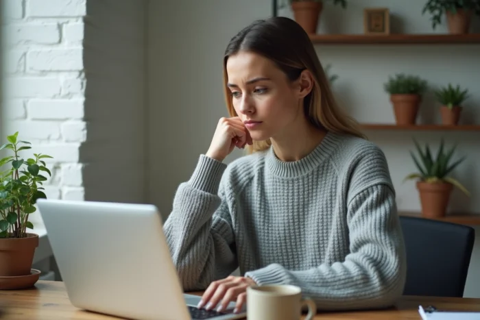 Femme supprimant son compte Le Bon Coin sur un ordinateur portable depuis son bureau à domicile