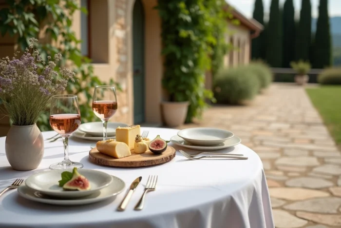 Table dressée en Provence avec plateau de fromages, verres de rosé et vaisselle ancienne, symbole de la gastronomie française en plein air